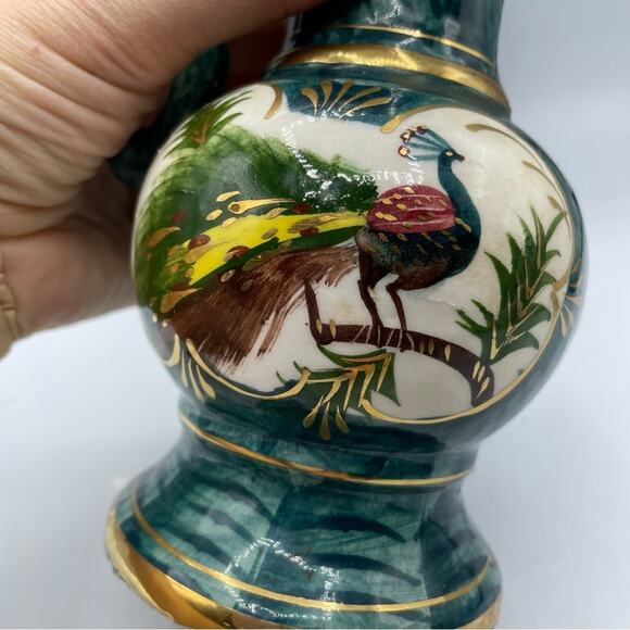 Vintage Hand Painted Peacock Ornate Vase Decor Green Teal Gold Porcelain - Picture 4 of 16